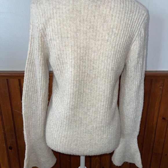 Women's Madewell Light Beige Ribbed Knit Bell Sleeve Scoop‎ Neck Stretch Sweater - Picture 4 of 6